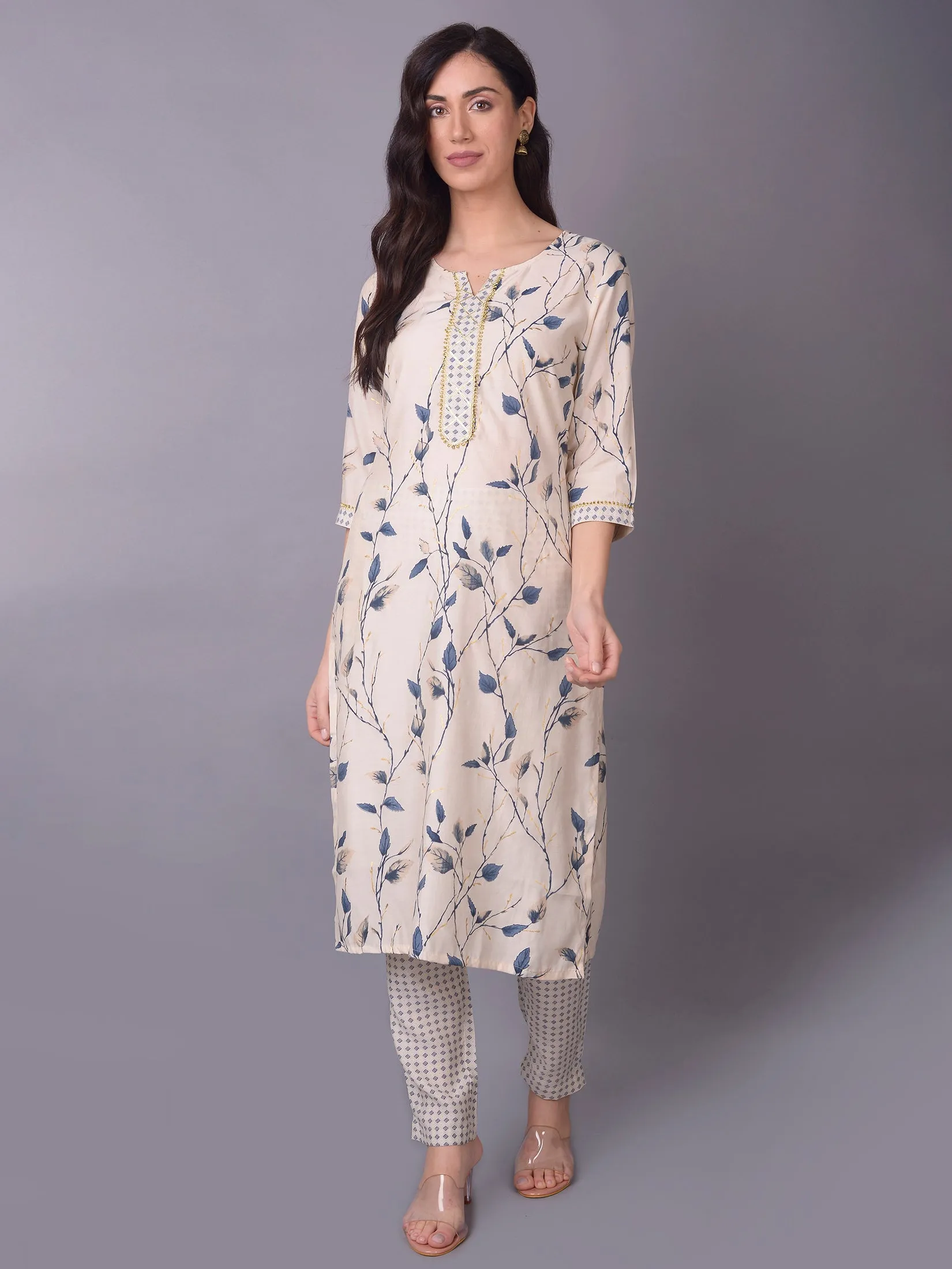 Winter Wear - Women Off White Floral Printed Kurta Trouser Dupatta