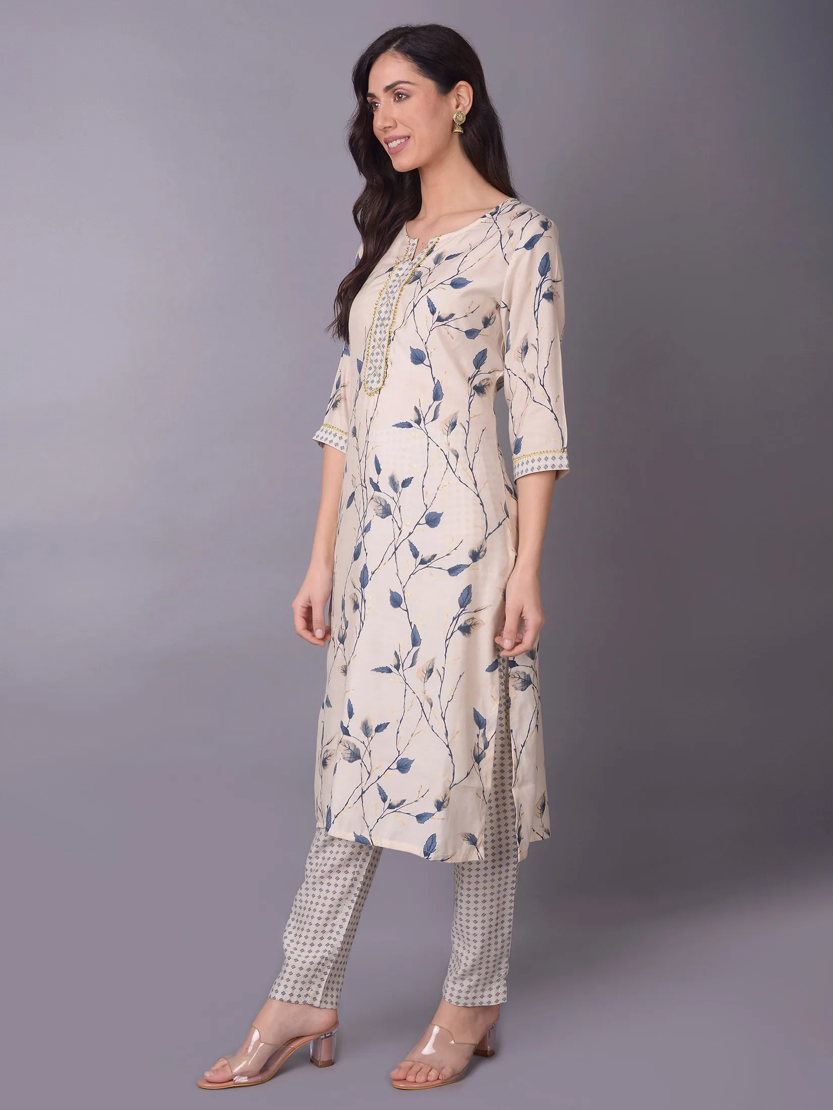 Winter Wear - Women Off White Floral Printed Kurta Trouser Dupatta