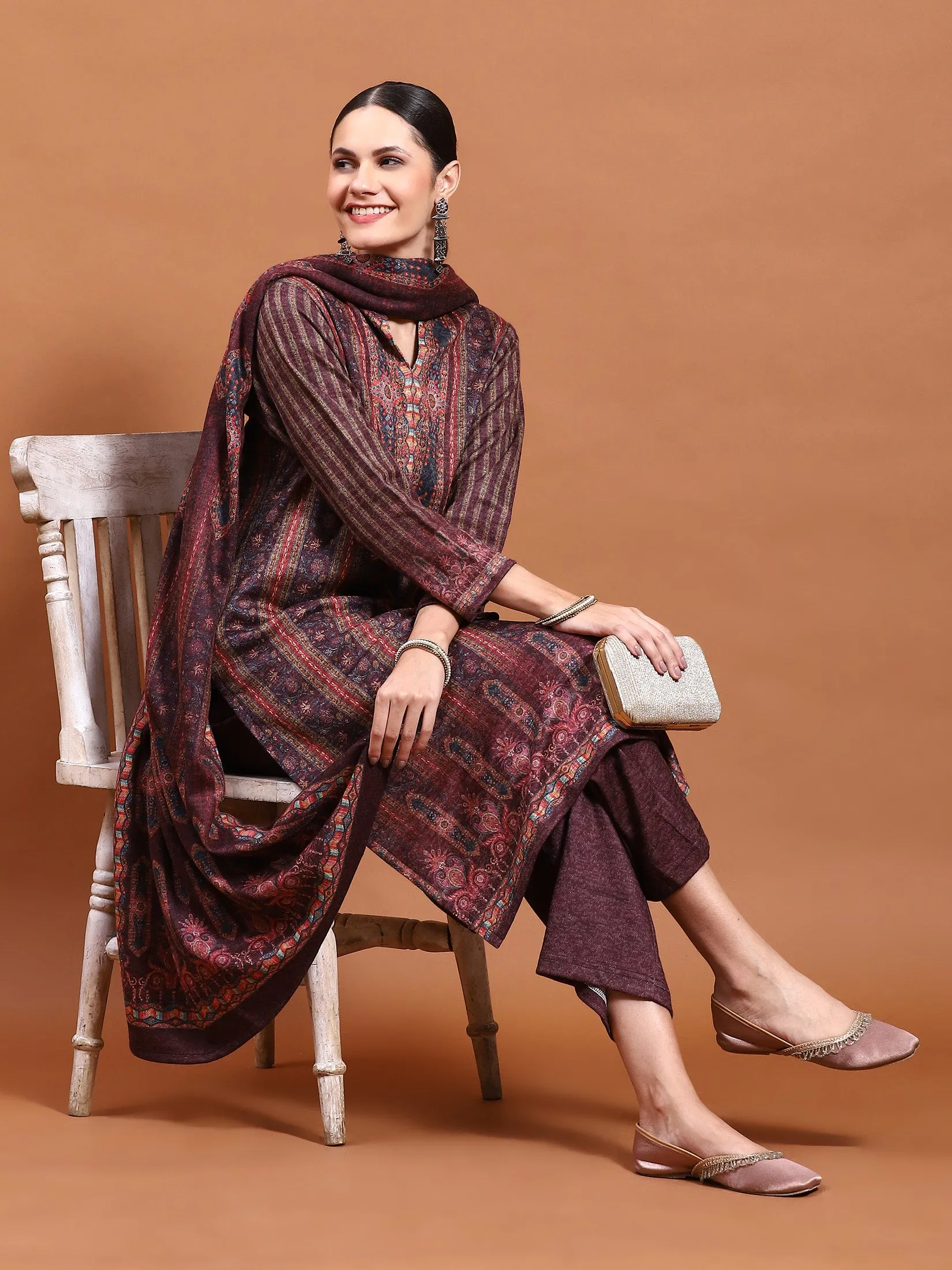 Winter Women Multicolor Printed Kurta Bottom Dupatta