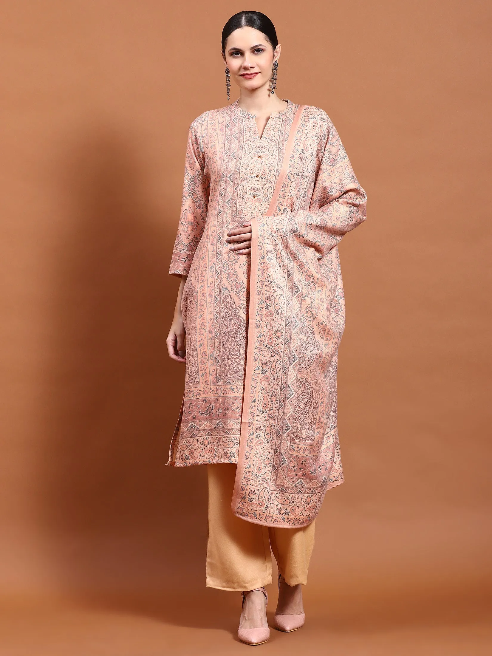 Winter Women Peach Floral Print Kurta Comfort Pant Dupatta