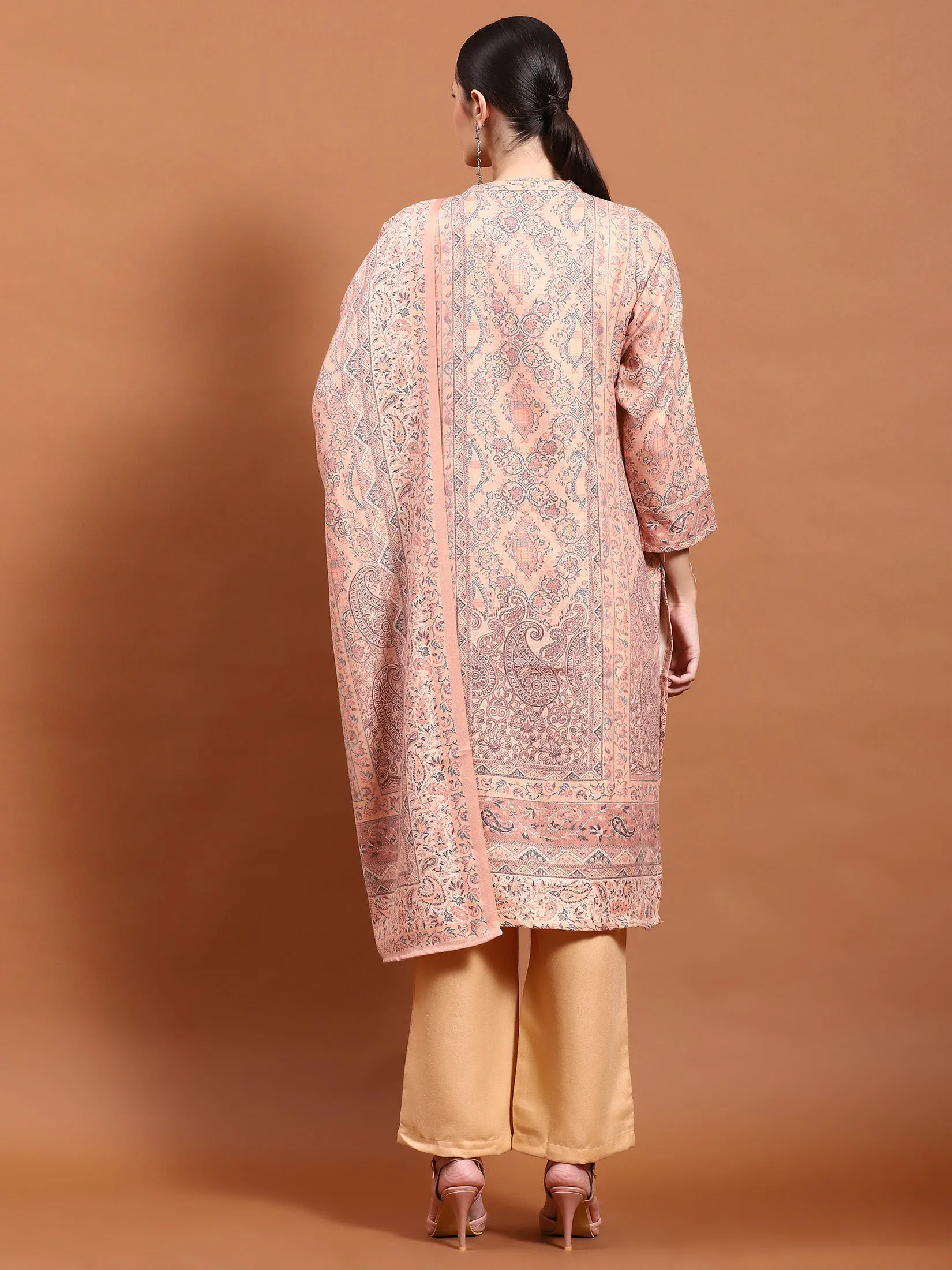 Winter Women Peach Floral Print Kurta Comfort Pant Dupatta