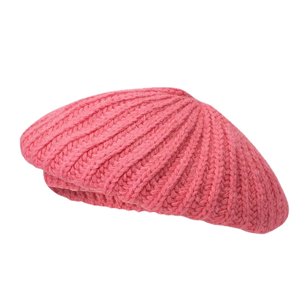 Women Rabbit Hair Blend Knitted Hat Solid Color Thicken Warmth Beret Cap