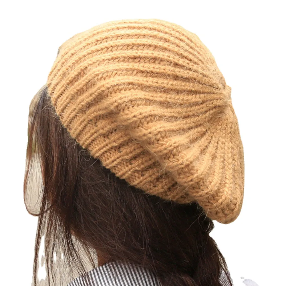 Women Rabbit Hair Blend Knitted Hat Solid Color Thicken Warmth Beret Cap