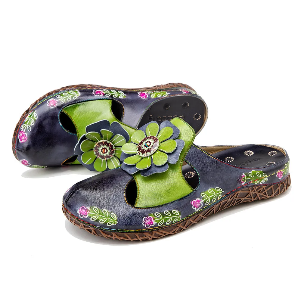 Women Retro Leather Casual Hollow Summer Slippers