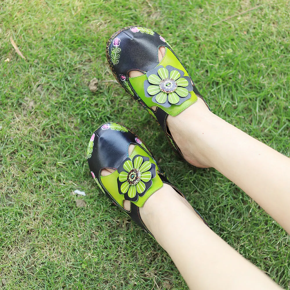 Women Retro Leather Casual Hollow Summer Slippers